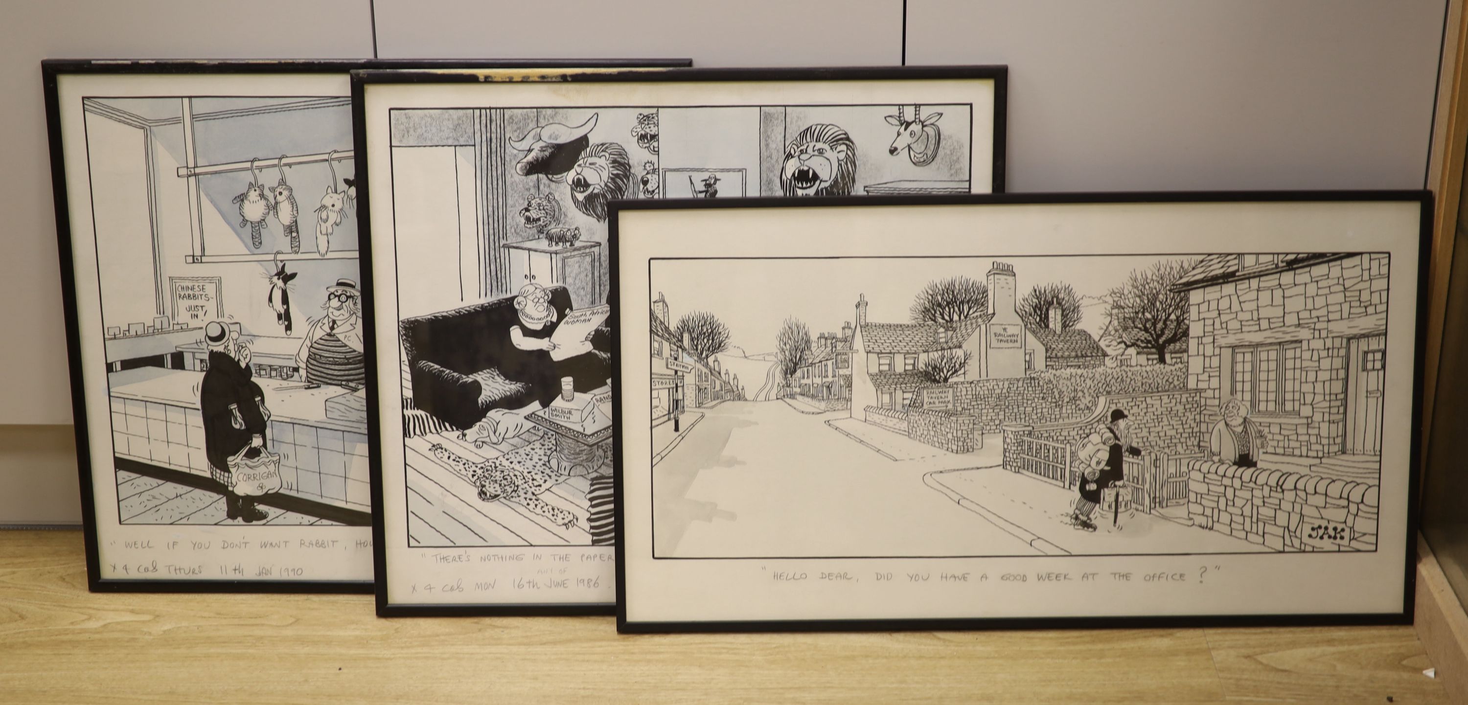 JAK (Raymond Allen Jackson) (1927-1997), three original artwork cartoons, 'Nothing in the papers', 'Don't want rabbit' and 'Good week at the office', all inscribed in pencil and dated 1986-1990, 51 x 59cm and 40 x 76cm